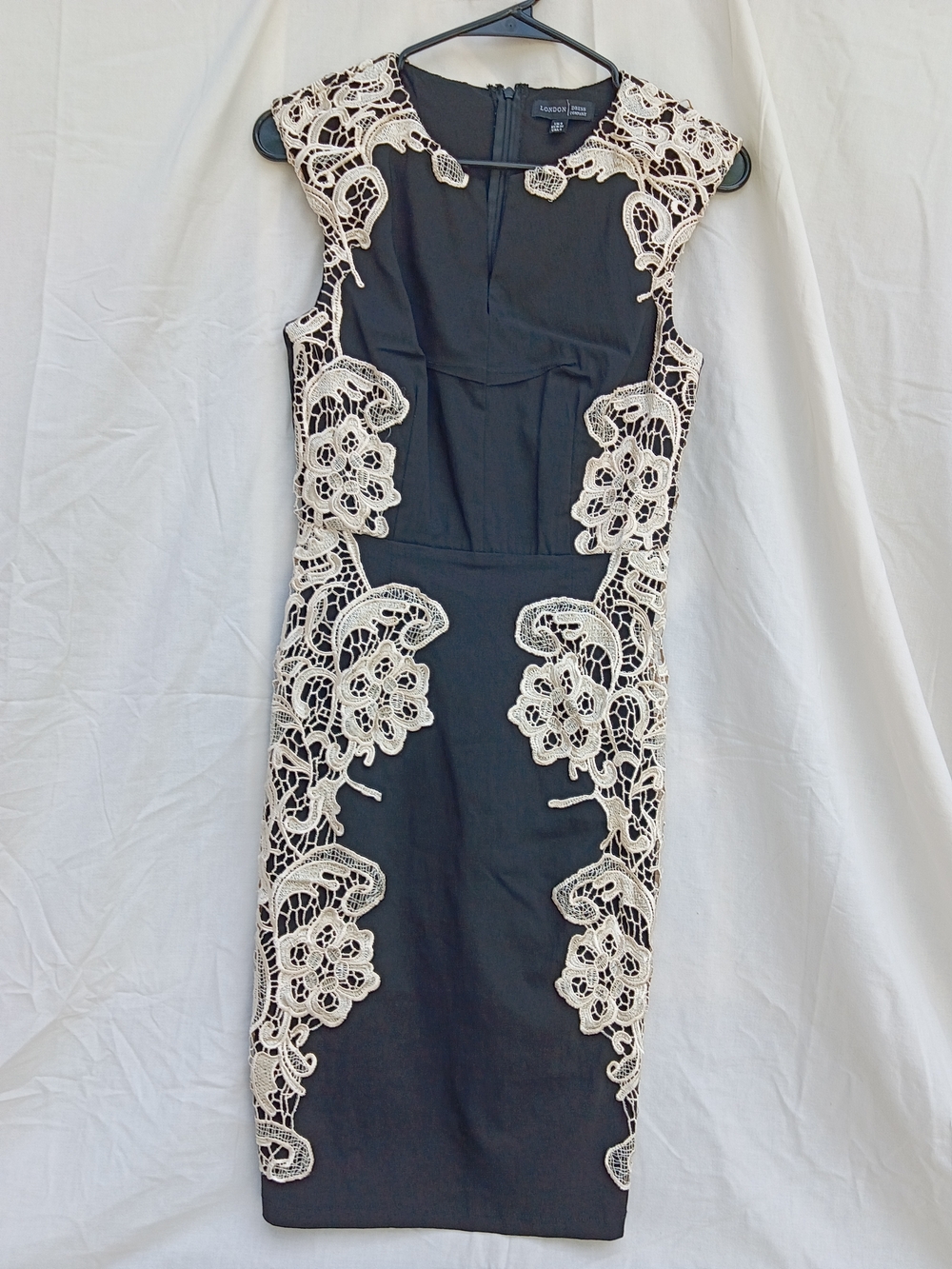 Elegant Black Midi Dress with Ivory Lace Insets
